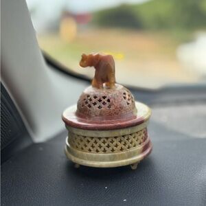Vintage Handcrafted Stone Incense Holder with Bear Figurine